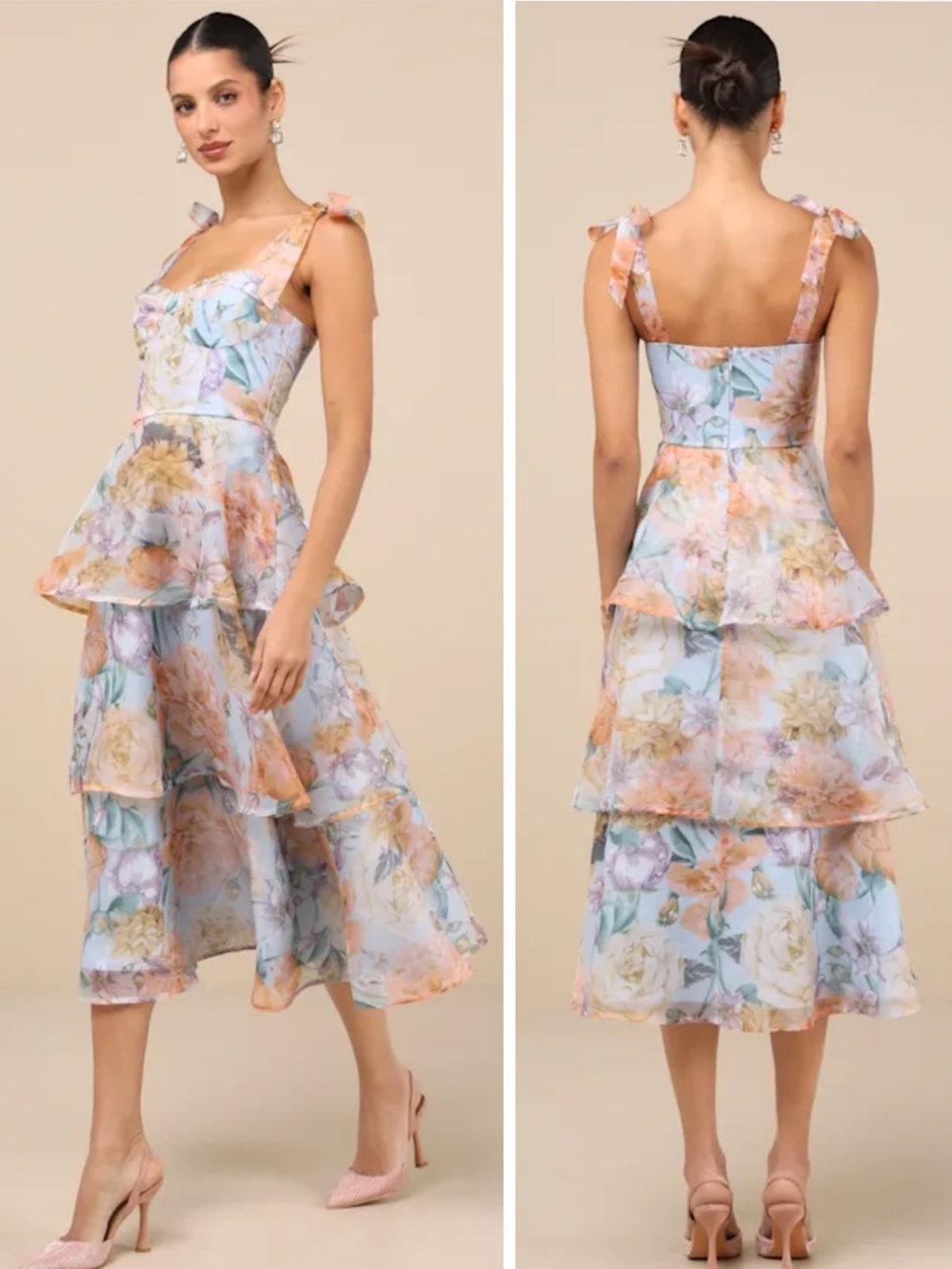 Lulus Playfully Posh Blue Floral Tie Strap Tiered Midi Dress Size XXL Summer